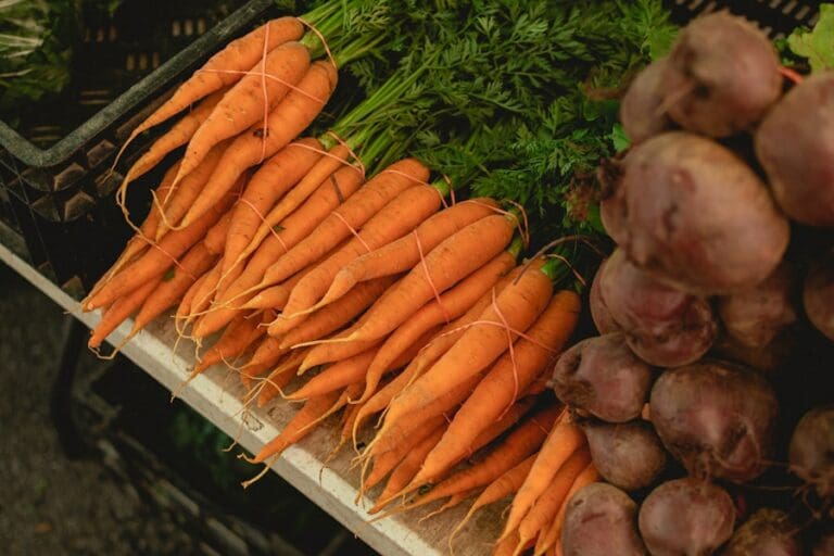 Der Food Fotograf - Mehrere Bündel leuchtend orangefarbener Karotten mit grünem Oberteil sind neben einem Bündel Rüben mit kastanienbrauner Schale.