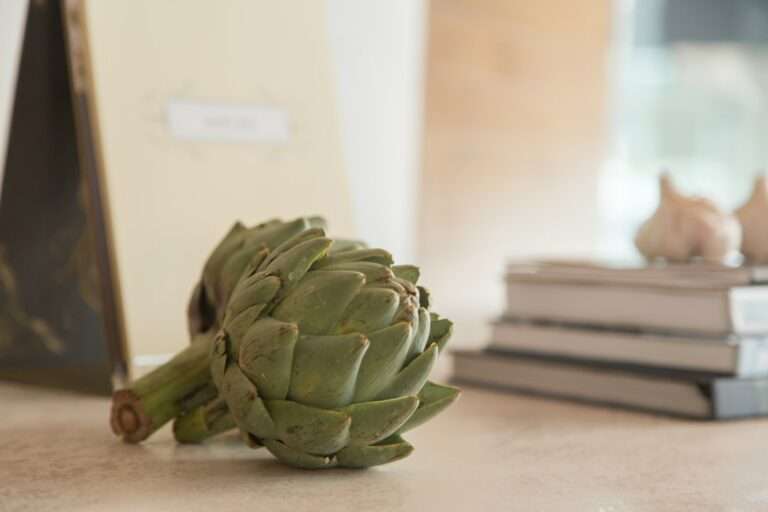 Der Food Fotograf - Eine grüne Artischocke liegt auf einer Arbeitsplatte neben einem Stapel Bücher und einem aufrecht stehenden Rahmen.