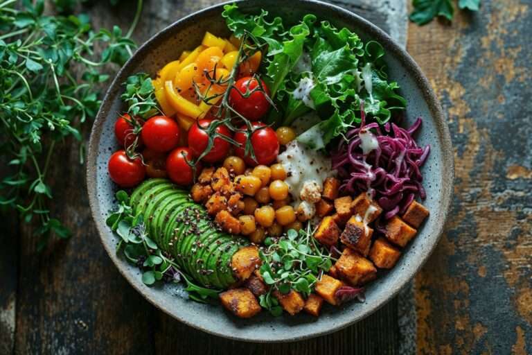 Eine Schüssel mit einer Auswahl an buntem Gemüse, darunter Kirschtomaten, geschnittene gelbe Paprika, Avocadoscheiben, Kichererbsen.