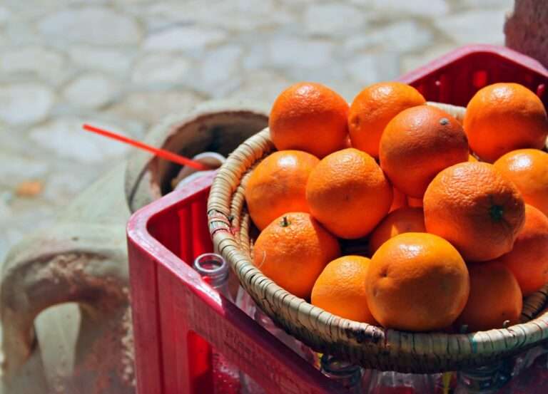 Ein mit Orangen gefüllter geflochtener Korb steht auf einer umgedrehten roten Plastikkiste.