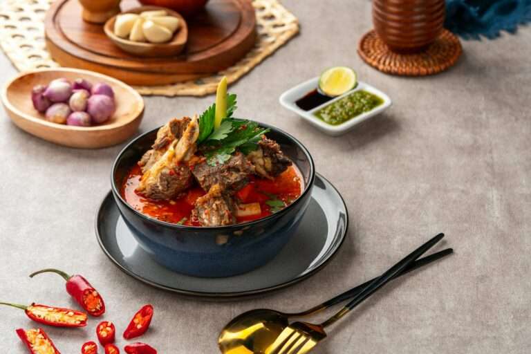 Eine Schüssel würzigen Rindfleischeintopfs, garniert mit Kräutern, steht auf einem Tisch und schafft eine einladende Szene für Food-Fotografie.