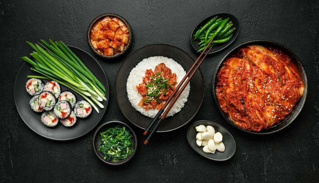 Ein Tisch mit koreanischen Gerichten: eine Schüssel Reis mit Fleisch und Frühlingszwiebeln, eine Platte mit Sushirollen, eine Schüssel Kimchi und.
